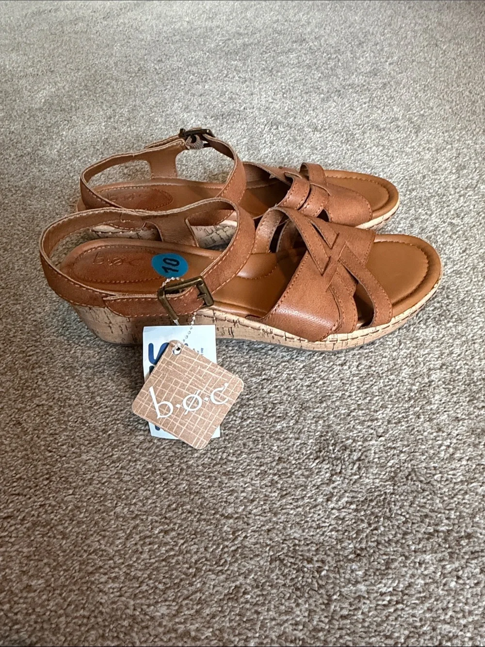 b.o.c. Tan Strappy Cork-Style Wedge Sandals women’s size 10